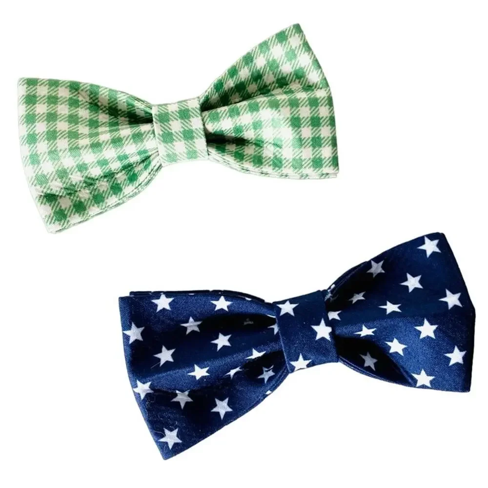 NEW HANDMADE Green White Plaid Navy Blue Star Dog Cat Pet Collar Elastic Bow Tie
